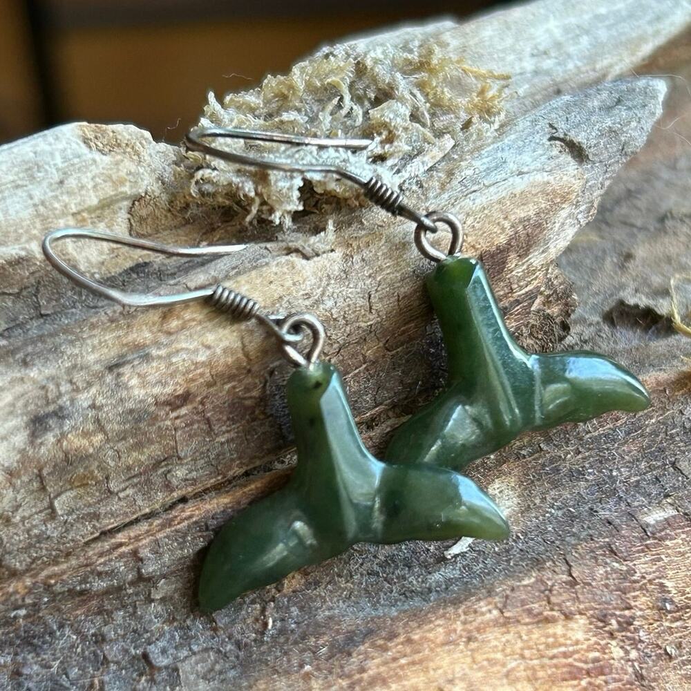 Alaskan Jade Whale Tail Earrings green stone 925 silver hooks